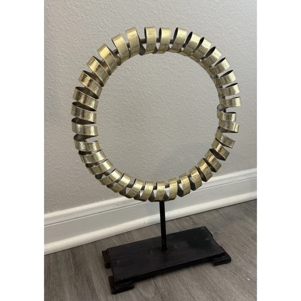 Arena Gold Finish Metal Sculpture, Iron Mount, Wooden Base. Zen-inspired Accent